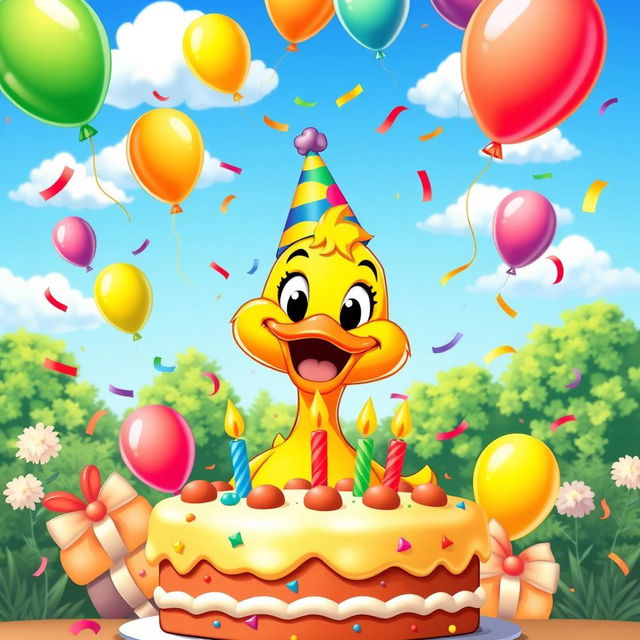 A playful and festive poster for a duck's birthday, showcasing a cute cartoon duck wearing a colorful party hat, surrounded by cake and balloons