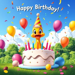 A playful and festive poster for a duck's birthday, showcasing a cute cartoon duck wearing a colorful party hat, surrounded by cake and balloons