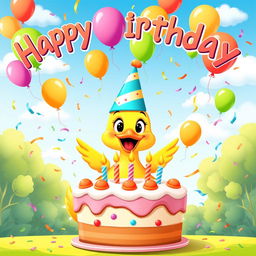 A playful and festive poster for a duck's birthday, showcasing a cute cartoon duck wearing a colorful party hat, surrounded by cake and balloons