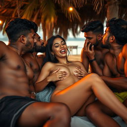 A sensual scene at a beach shack in Goa, featuring a hot, cute 18-year-old Indian girl with long, slender legs