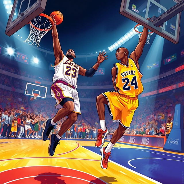 A dynamic and dramatic illustration of two legendary basketball players, LeBron James and Kobe Bryant, on a vibrant basketball court