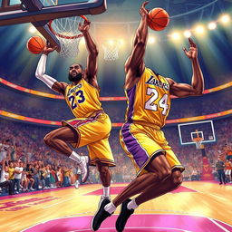 A dynamic and dramatic illustration of two legendary basketball players, LeBron James and Kobe Bryant, on a vibrant basketball court