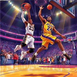 A dynamic and dramatic illustration of two legendary basketball players, LeBron James and Kobe Bryant, on a vibrant basketball court