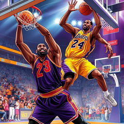 A dynamic and dramatic illustration of two legendary basketball players, LeBron James and Kobe Bryant, on a vibrant basketball court