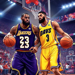 An exciting illustration of two NBA superstars, LeBron James and Anthony Davis, captured in an intense moment on a basketball court