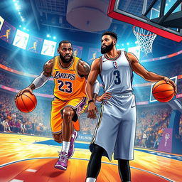 An exciting illustration of two NBA superstars, LeBron James and Anthony Davis, captured in an intense moment on a basketball court
