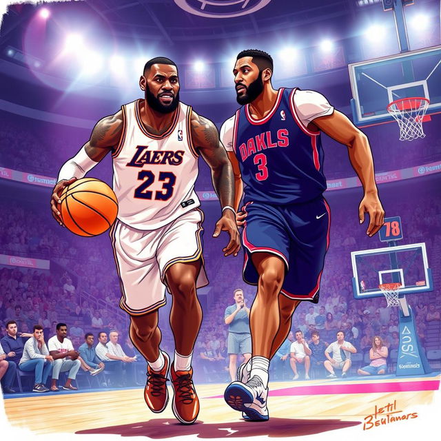 An exciting illustration of two NBA superstars, LeBron James and Anthony Davis, captured in an intense moment on a basketball court