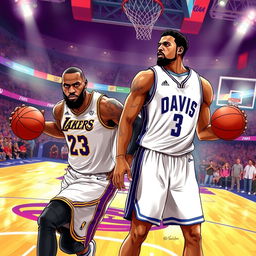 An exciting illustration of two NBA superstars, LeBron James and Anthony Davis, captured in an intense moment on a basketball court