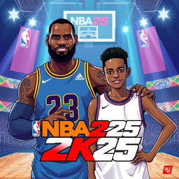 A vibrant and modern illustration featuring NBA superstar LeBron James alongside his son, Bronny James, both looking confident and ready for action as they pose for the NBA 2K25 logo