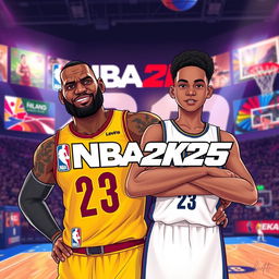 A vibrant and modern illustration featuring NBA superstar LeBron James alongside his son, Bronny James, both looking confident and ready for action as they pose for the NBA 2K25 logo