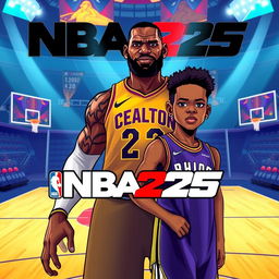 A vibrant and modern illustration featuring NBA superstar LeBron James alongside his son, Bronny James, both looking confident and ready for action as they pose for the NBA 2K25 logo