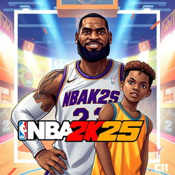 A vibrant and modern illustration featuring NBA superstar LeBron James alongside his son, Bronny James, both looking confident and ready for action as they pose for the NBA 2K25 logo