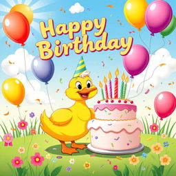 A delightful and colorful poster celebrating a duck's birthday, featuring a charming cartoon duck wearing a festive party hat