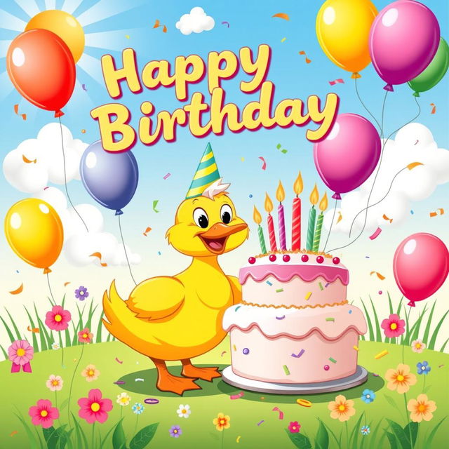 A delightful and colorful poster celebrating a duck's birthday, featuring a charming cartoon duck wearing a festive party hat