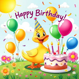 A delightful and colorful poster celebrating a duck's birthday, featuring a charming cartoon duck wearing a festive party hat