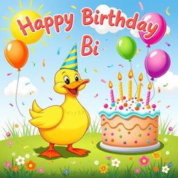 A delightful and colorful poster celebrating a duck's birthday, featuring a charming cartoon duck wearing a festive party hat