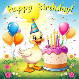 A delightful and colorful poster celebrating a duck's birthday, featuring a charming cartoon duck wearing a festive party hat