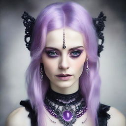 A Gothic portrait of a human female with asymmetrical eyes, one pink and one purple, gray hair, wearing intricate Gothic jewelries