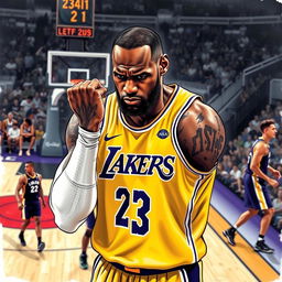 An intense and dramatic illustration of LeBron James on the basketball court, showcasing his resilience after dislocating his finger during a game