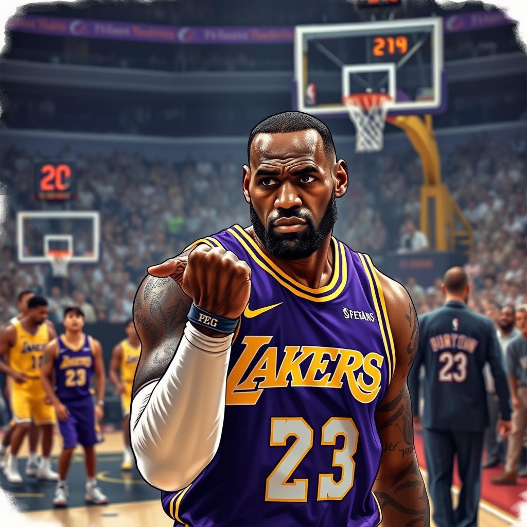 An intense and dramatic illustration of LeBron James on the basketball court, showcasing his resilience after dislocating his finger during a game