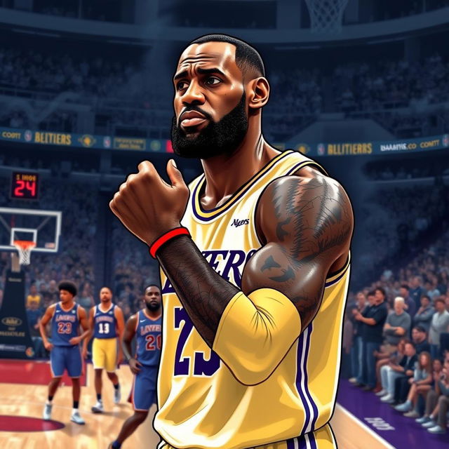 An intense and dramatic illustration of LeBron James on the basketball court, showcasing his resilience after dislocating his finger during a game