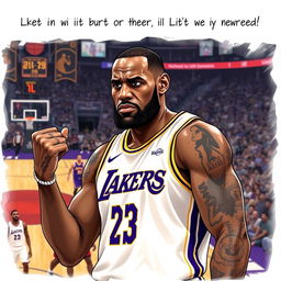 An intense and dramatic illustration of LeBron James on the basketball court, showcasing his resilience after dislocating his finger during a game