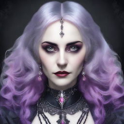 A Gothic portrait of a human female with asymmetrical eyes, one pink and one purple, gray hair, wearing intricate Gothic jewelries