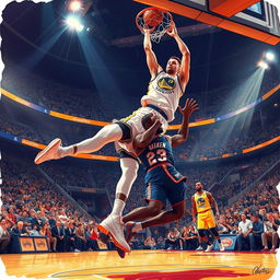 A dramatic and dynamic illustration capturing the moment Stephen Curry is airborne, executing an impressive dunk over LeBron James during a high-stakes basketball game