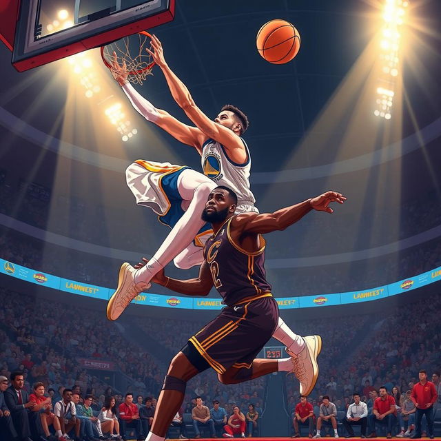 A dramatic and dynamic illustration capturing the moment Stephen Curry is airborne, executing an impressive dunk over LeBron James during a high-stakes basketball game