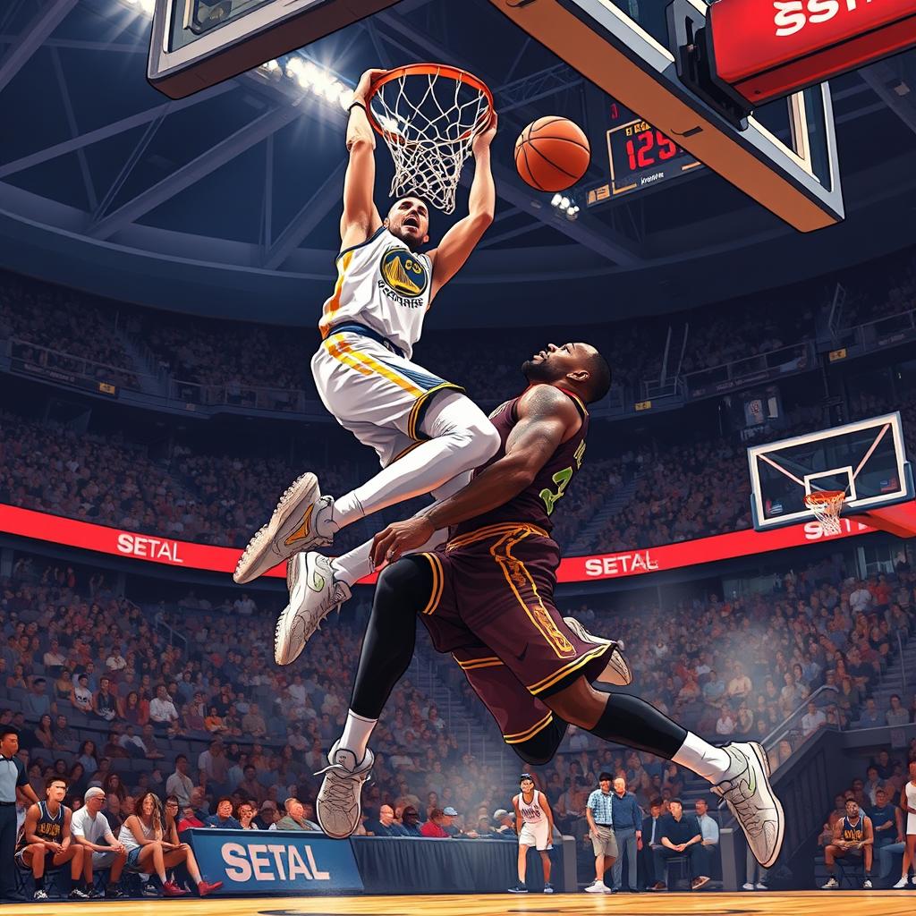 A dramatic and dynamic illustration capturing the moment Stephen Curry is airborne, executing an impressive dunk over LeBron James during a high-stakes basketball game