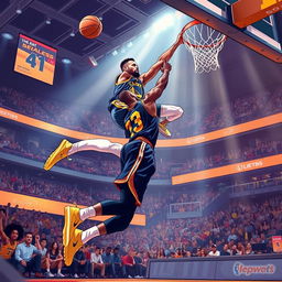 A dramatic and dynamic illustration capturing the moment Stephen Curry is airborne, executing an impressive dunk over LeBron James during a high-stakes basketball game