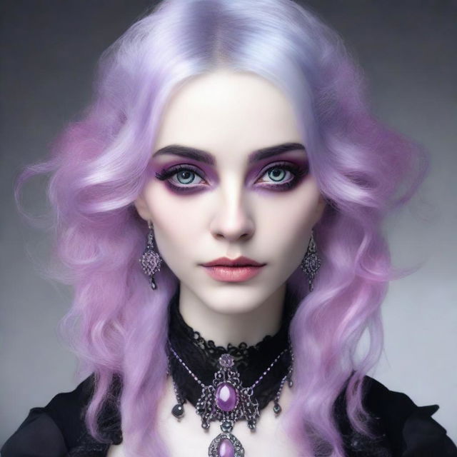 A Gothic portrait of a human female with asymmetrical eyes, one pink and one purple, gray hair, wearing intricate Gothic jewelries