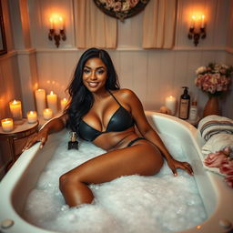 A sexy slim thick black Asian woman lounging in a luxurious bathtub filled with bubbles