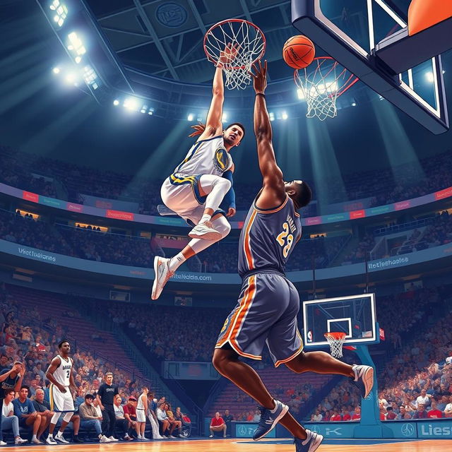 A high-energy illustration depicting Stephen Curry soaring through the air for a spectacular dunk over LeBron James, who is attempting to block the shot