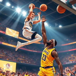 A high-energy illustration depicting Stephen Curry soaring through the air for a spectacular dunk over LeBron James, who is attempting to block the shot