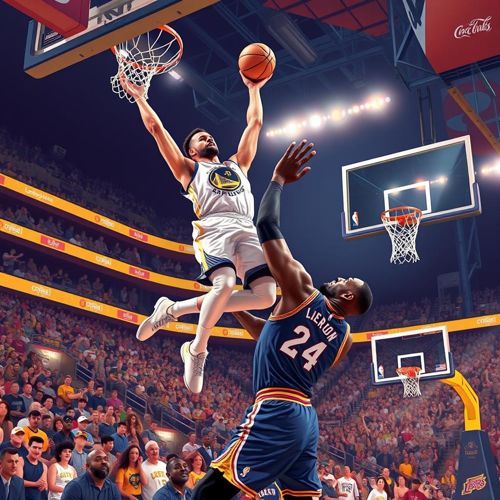 A high-energy illustration depicting Stephen Curry soaring through the air for a spectacular dunk over LeBron James, who is attempting to block the shot