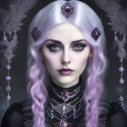 A Gothic portrait of a human female with asymmetrical eyes, one pink and one purple, gray hair, wearing intricate Gothic jewelries