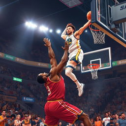 A high-energy illustration depicting Stephen Curry soaring through the air for a spectacular dunk over LeBron James, who is attempting to block the shot