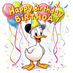 A celebratory poster featuring a cheerful cartoon duck in a style reminiscent of classic Mickey Mouse cartoons
