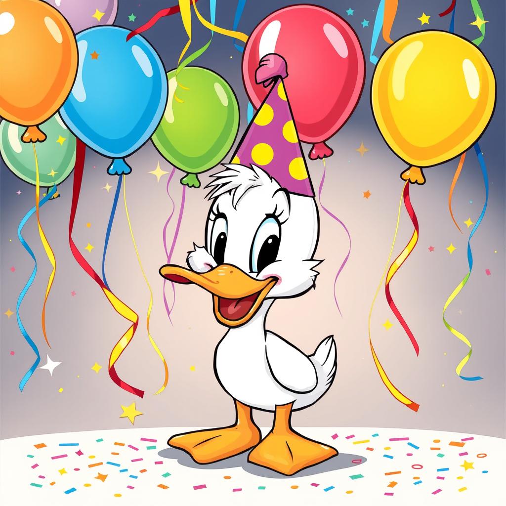 A celebratory poster featuring a cheerful cartoon duck in a style reminiscent of classic Mickey Mouse cartoons