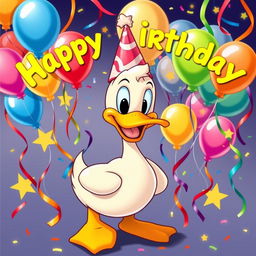 A celebratory poster featuring a cheerful cartoon duck in a style reminiscent of classic Mickey Mouse cartoons