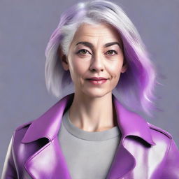 Generate a detailed image of a human female in her 20s with distinctive gray hair, one eye is pink and the other purple, wearing stylish leather clothing