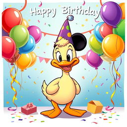 A celebratory poster featuring a cheerful cartoon duck in a style reminiscent of classic Mickey Mouse cartoons