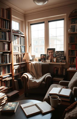 A cozy, warmly lit room filled with personal mementos and books that reflect a rich life journey
