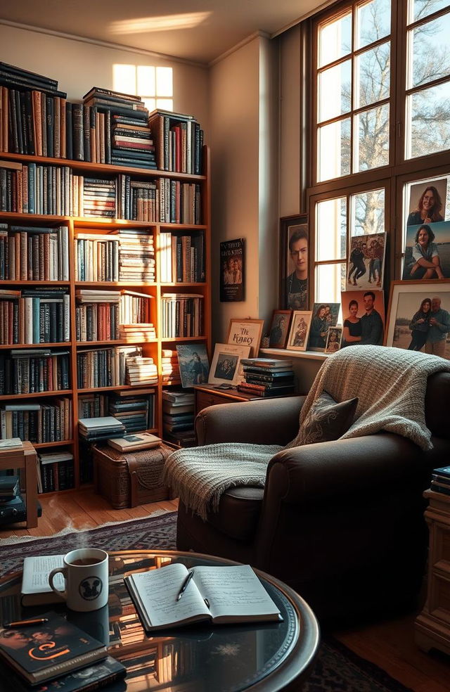 A cozy, warmly lit room filled with personal mementos and books that reflect a rich life journey