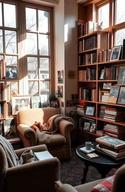 A cozy, warmly lit room filled with personal mementos and books that reflect a rich life journey