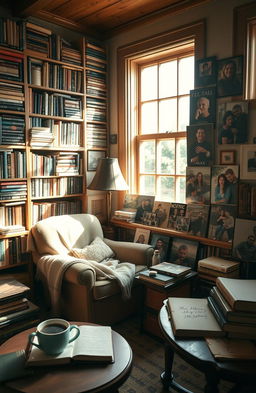 A cozy, warmly lit room filled with personal mementos and books that reflect a rich life journey