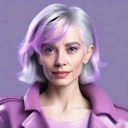 Generate a detailed image of a human female in her 20s with distinctive gray hair, one eye is pink and the other purple, wearing stylish leather clothing