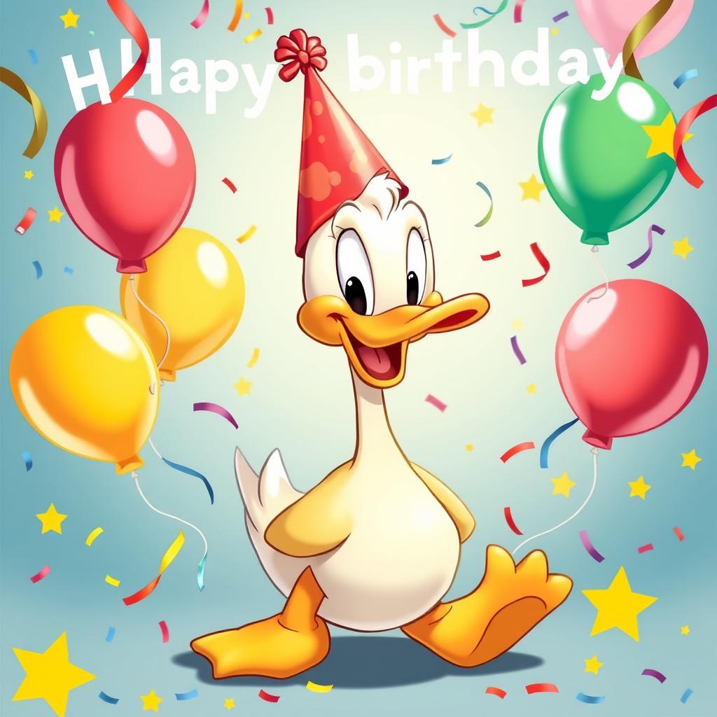 A celebratory poster featuring a joyful cartoon duck in a style inspired by classic Mickey Mouse cartoons