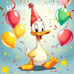 A celebratory poster featuring a joyful cartoon duck in a style inspired by classic Mickey Mouse cartoons